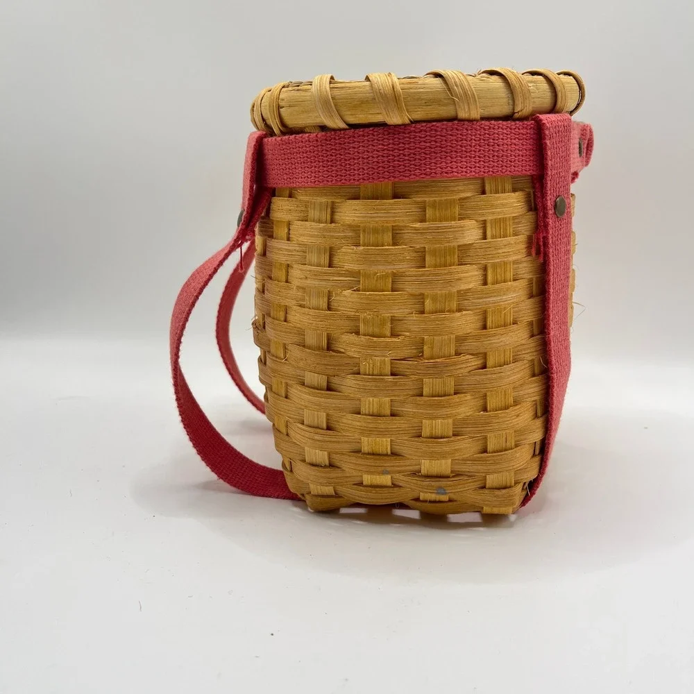 Vintage Miniature Adirondack Pack Basket Woven Wood Red Straps Decor Doll Size